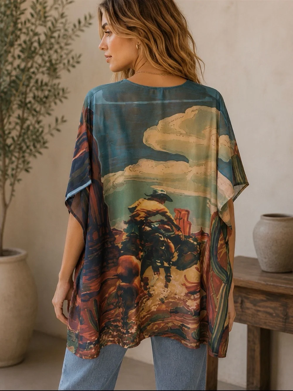 Lucky & Blessed Western Kimono Duster Cowboy Print Sheer Size Small - Picture 1 of 4